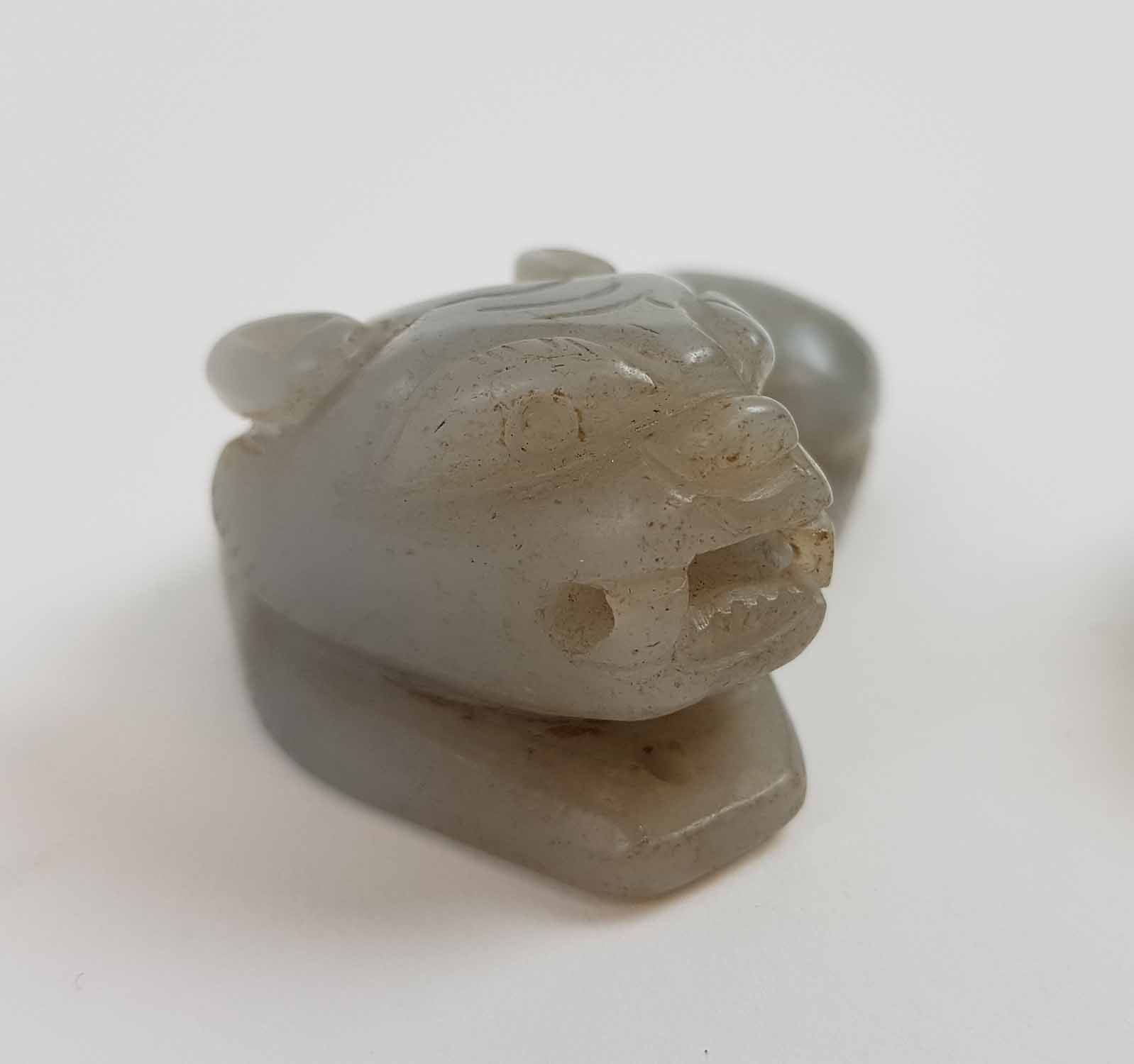 A CHINESE DALE CELADON COLOURED JADE MONKEY AND GOURD and a greyish coloured Jade recumbant lion, - Image 3 of 4