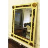 WALL MIRROR, rectangular faux ivory and tortoiseshell with a circular brass roundel to each corner,