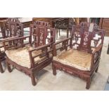 CHINESE QING DYNASTY STYLE CHAIRS, a pair, lattice work back with inlay and cushions, 85cm H.