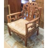 CHINESE QING DYNASTY STYLE CHAIRS, a pair, lattice work back with inlay and cushions, 85cm H.