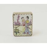 CHINESE PILL BOX, silver coloured metal with enamel tablet to lid decorated two female figures, 5.