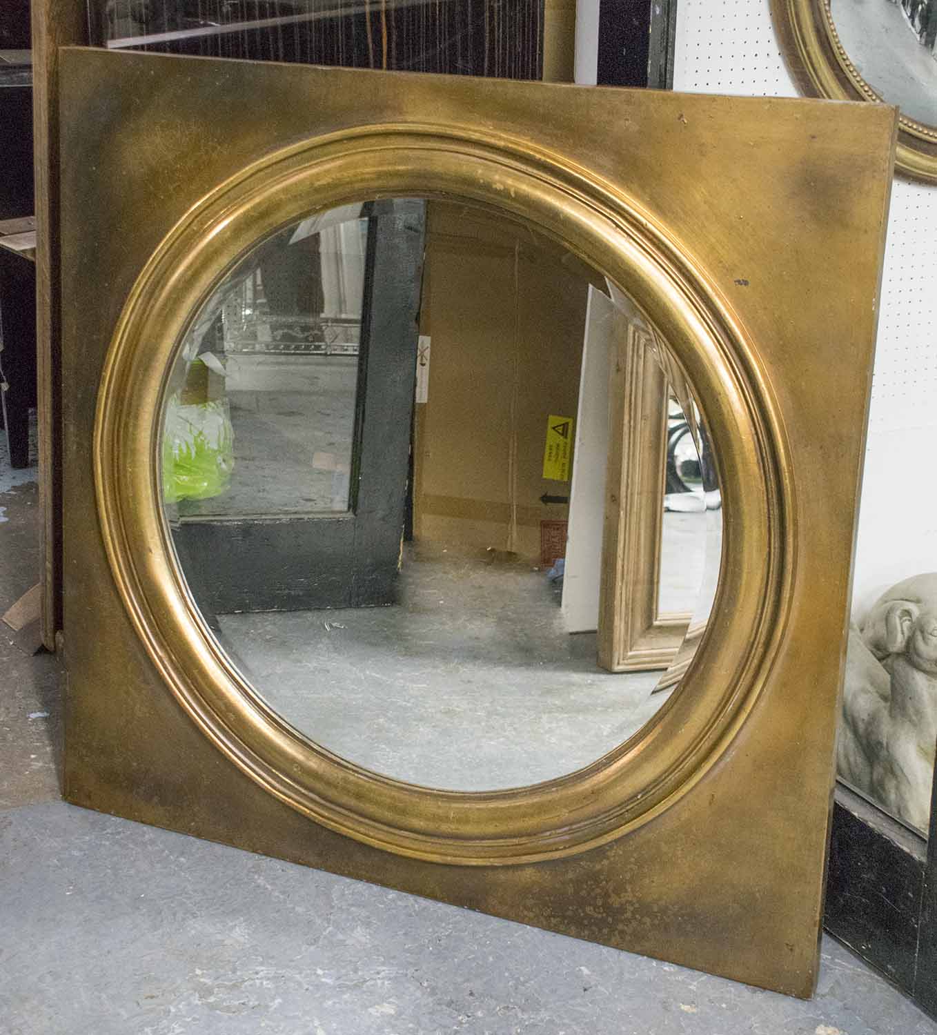 PORT HOLE MIRROR, square framed giltwood with circular bevelled plate, 106cm x 106cm.