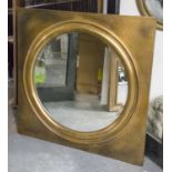 PORT HOLE MIRROR, square framed giltwood with circular bevelled plate, 106cm x 106cm.