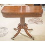 CARD TABLE, Regency mahogany with foldover green baize lined top on faceted pedestal (old repairs),