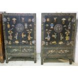 MARRIAGE CABINETS, a pair, Chinese black lacquer, decorated with household objects,