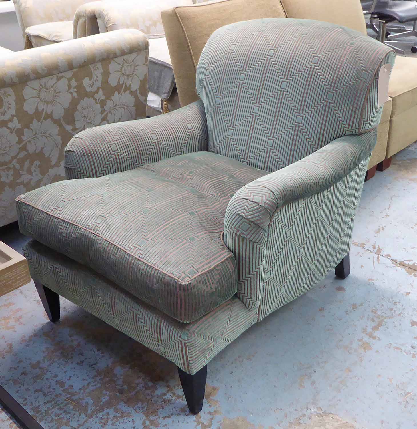 WILLIAM YEOWARD ARMCHAIR, with turquoise and brown striped geometric patterned upholstery,