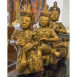 THAI MUSICIAN GROUP, a set of three, vintage carved giltwood and mirror bejewelled muscians,