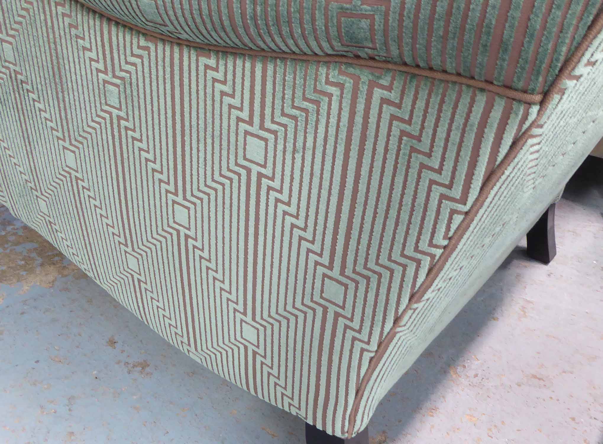 WILLIAM YEOWARD ARMCHAIR, with turquoise and brown striped geometric patterned upholstery, - Image 2 of 2