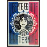 SHEPARD FAIREY (American) 'Liberte Egalite Fraternite', signed print on cream spelled tone paper,