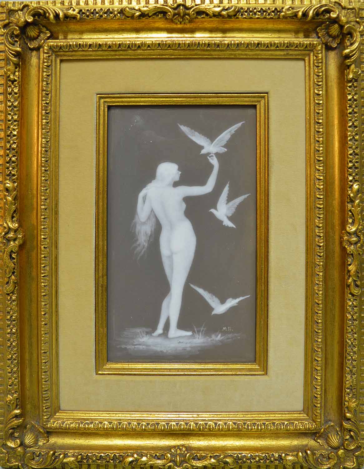 PATE SUR PATE PORCELAIN PLAQUE, depicting a naked lady and three doves, signed initials M B,