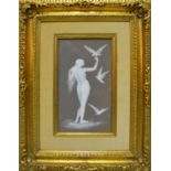 PATE SUR PATE PORCELAIN PLAQUE, depicting a naked lady and three doves, signed initials M B,