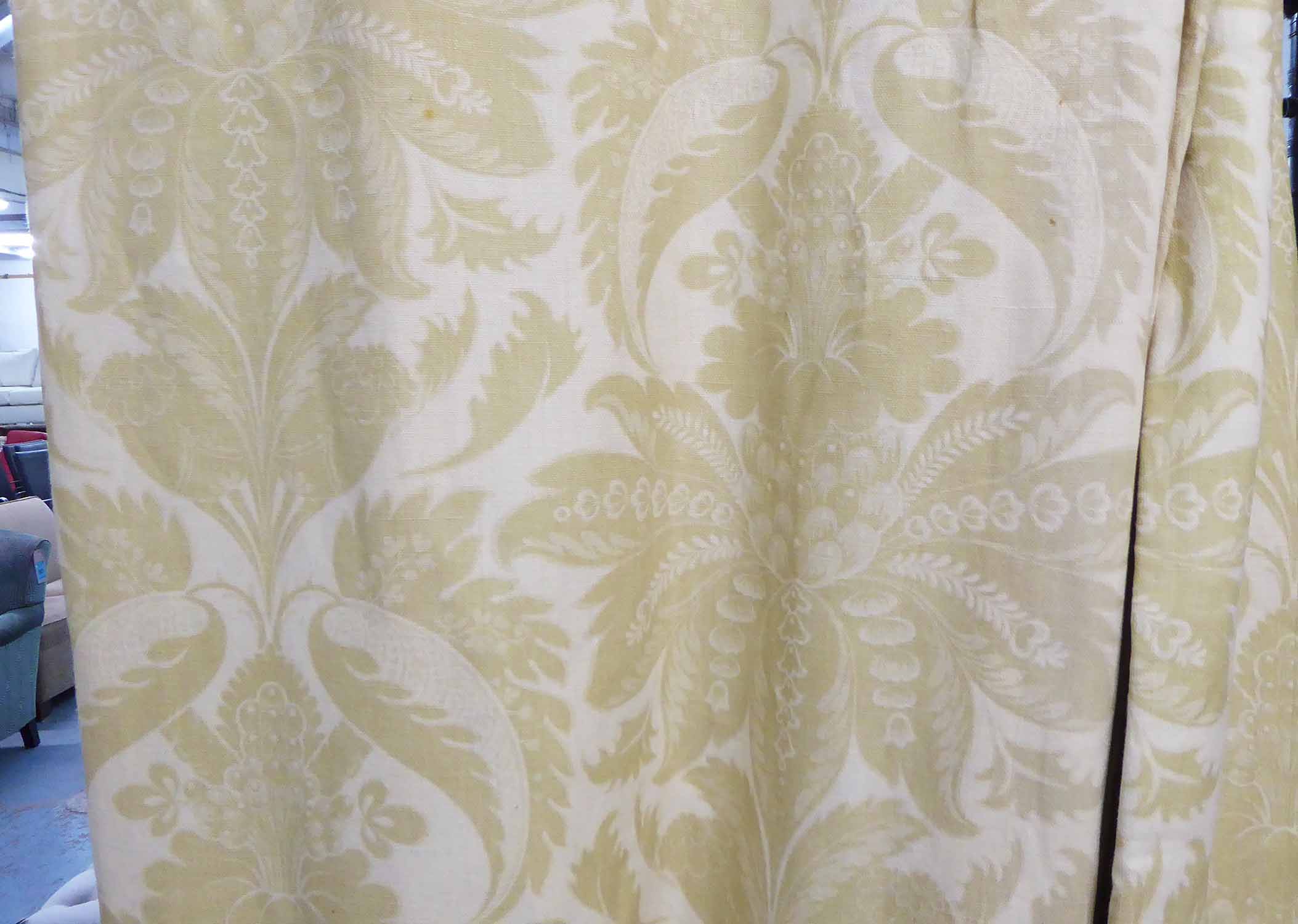 CURTAINS, a pair, lined and interlined with eye rings to top in an olive and cream floral fabric, - Image 2 of 3