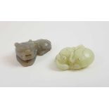 A CHINESE DALE CELADON COLOURED JADE MONKEY AND GOURD and a greyish coloured Jade recumbant lion,