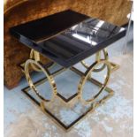 SIDE TABLE, black gloss top on brass coloured metal frame, 61cm W x 63cm D x 66cm H.