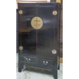 MARRIAGE CABINET, Chinese black lacquer with two doors enclosing shelves and a pair of drawers,