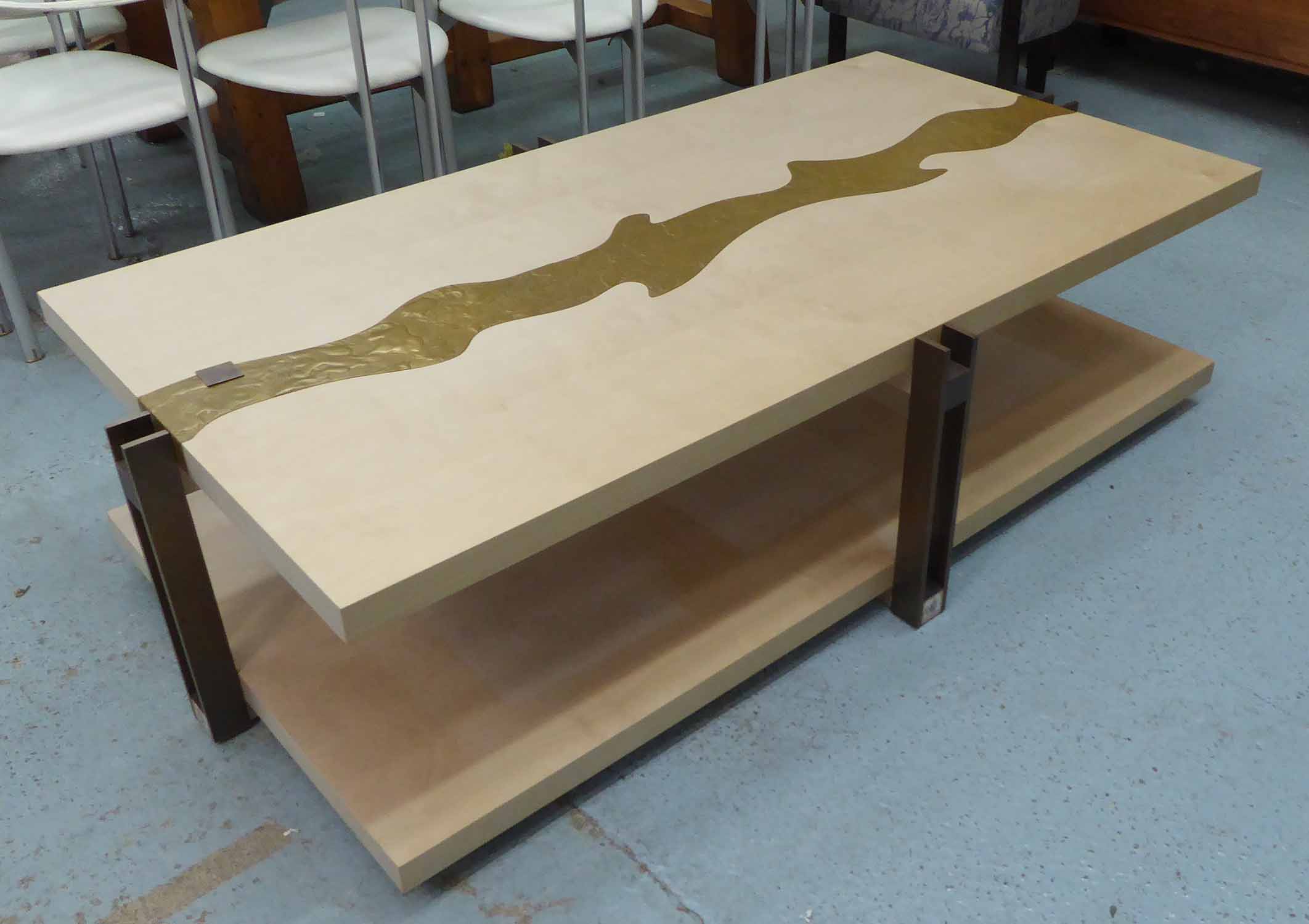 LOW TABLE, with embossed metal centre streak and undertier on metal supports, 176cm x 95cm x 45cm H. - Image 2 of 3