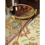 OCCASIONAL TABLES, a pair, gilt metal framed, each with a circular mirrored top and ring handles,