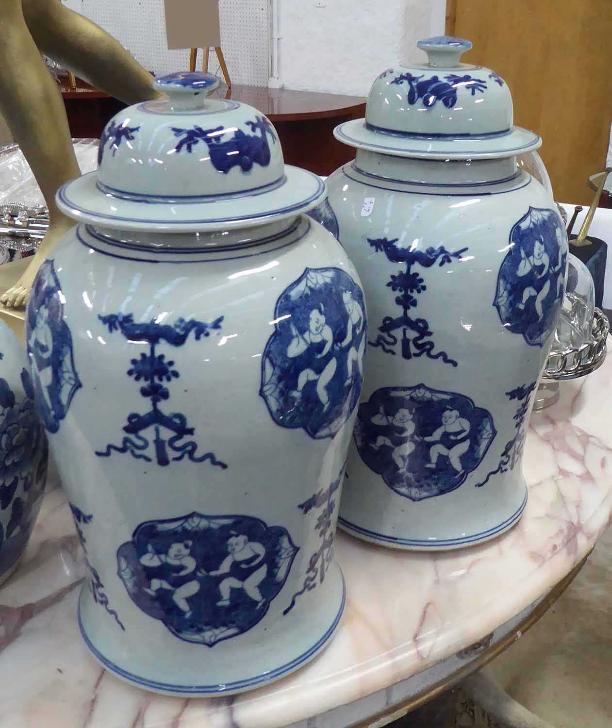 TEMPLE JARS, a pair, Chinese style blue and white, 43cm H.