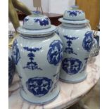 TEMPLE JARS, a pair, Chinese style blue and white, 43cm H.