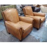 CLUB ARMCHAIRS, a pair, early 20th century style tanned leather, 87cm.