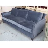 SOFA, three seater, in a blue fabric on square supports, 220cm L.