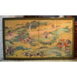 EARLY 20TH CENTURY PAINTED JAPANESE FOUR FOLD SCREEN, depicting a Samurai battle, 114cm H x 197cm W.