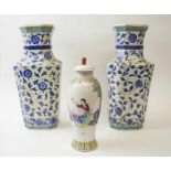 CHINESE BALUSTER VASES, a pair, blue, white and green, octaganol,