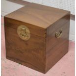 BOX TRUNK, Chinese camphorwood, brass handles and hinged top, 47cm H x 47cm W x 47cm D.