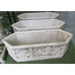 TROUGHS, a set of three, Gothic style, reconstituted stone, 90cm L.