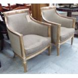 ARMCHAIRS, a pair, in a grey fabric on silver painted frames, 66cm W.