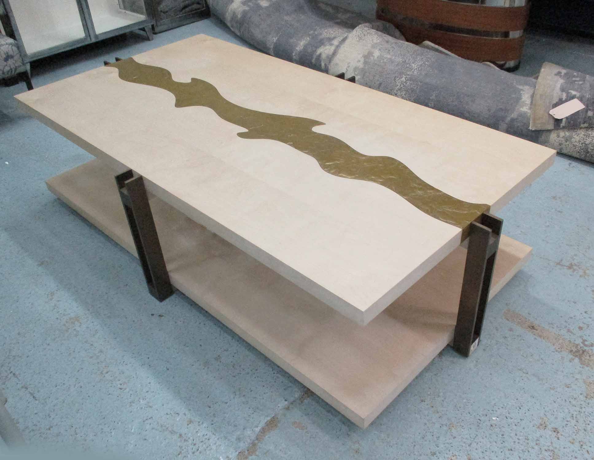 LOW TABLE, with embossed metal centre streak and undertier on metal supports, 176cm x 95cm x 45cm H.