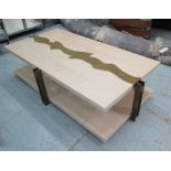 LOW TABLE, with embossed metal centre streak and undertier on metal supports, 176cm x 95cm x 45cm H.