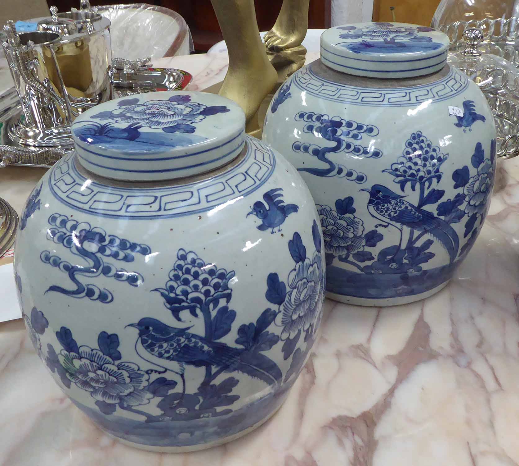 GINGER JARS, a pair, Chinese style blue and white, 29cm H.