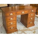 PEDESTAL DESK, late Victorian, walnut with 1/4 veneered and crossbanded top above nine drawers,