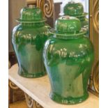 VASES, a pair, Chinese jade green ceramic in the form of ginger jars. 45cm H.