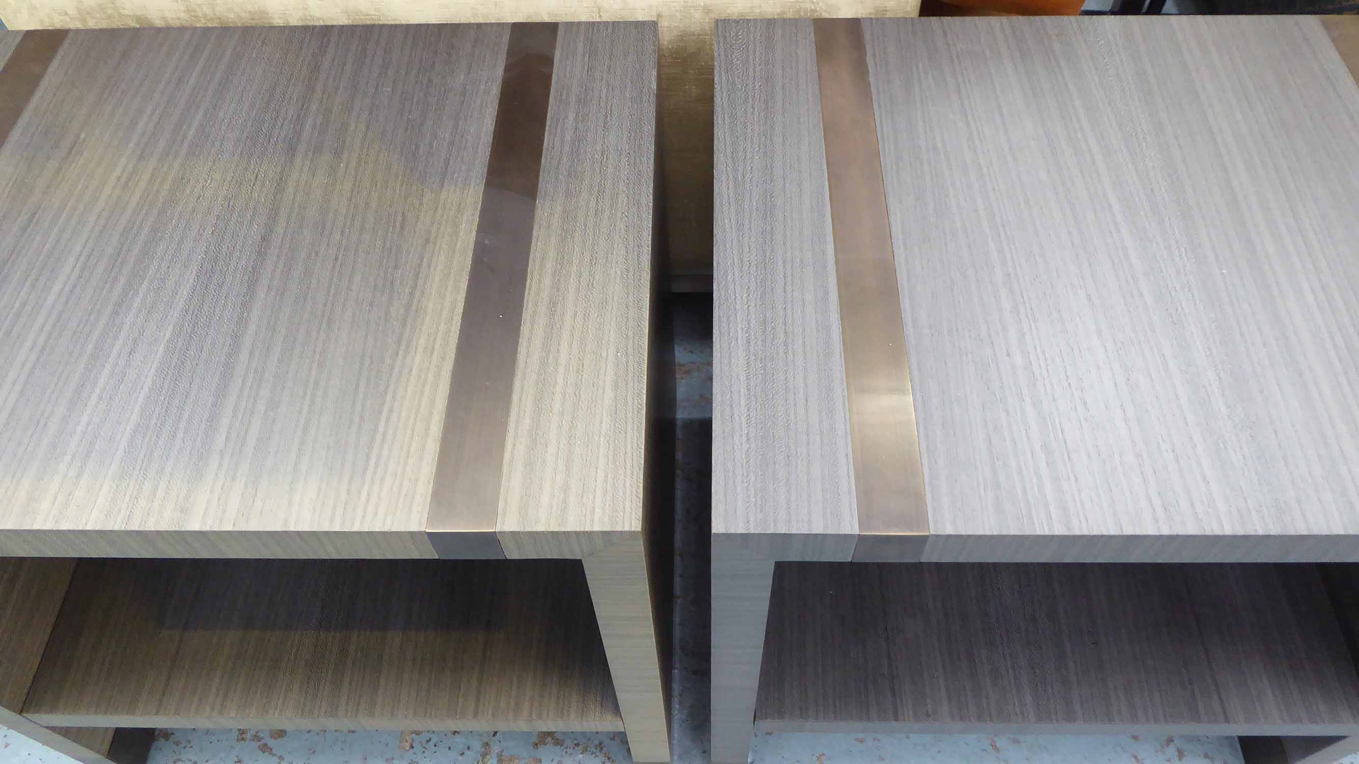 SIDE TABLES, a pair, contemporary style in grey with bronzed insets to tops, 60cm x 45cm x 60cm H. - Image 2 of 2