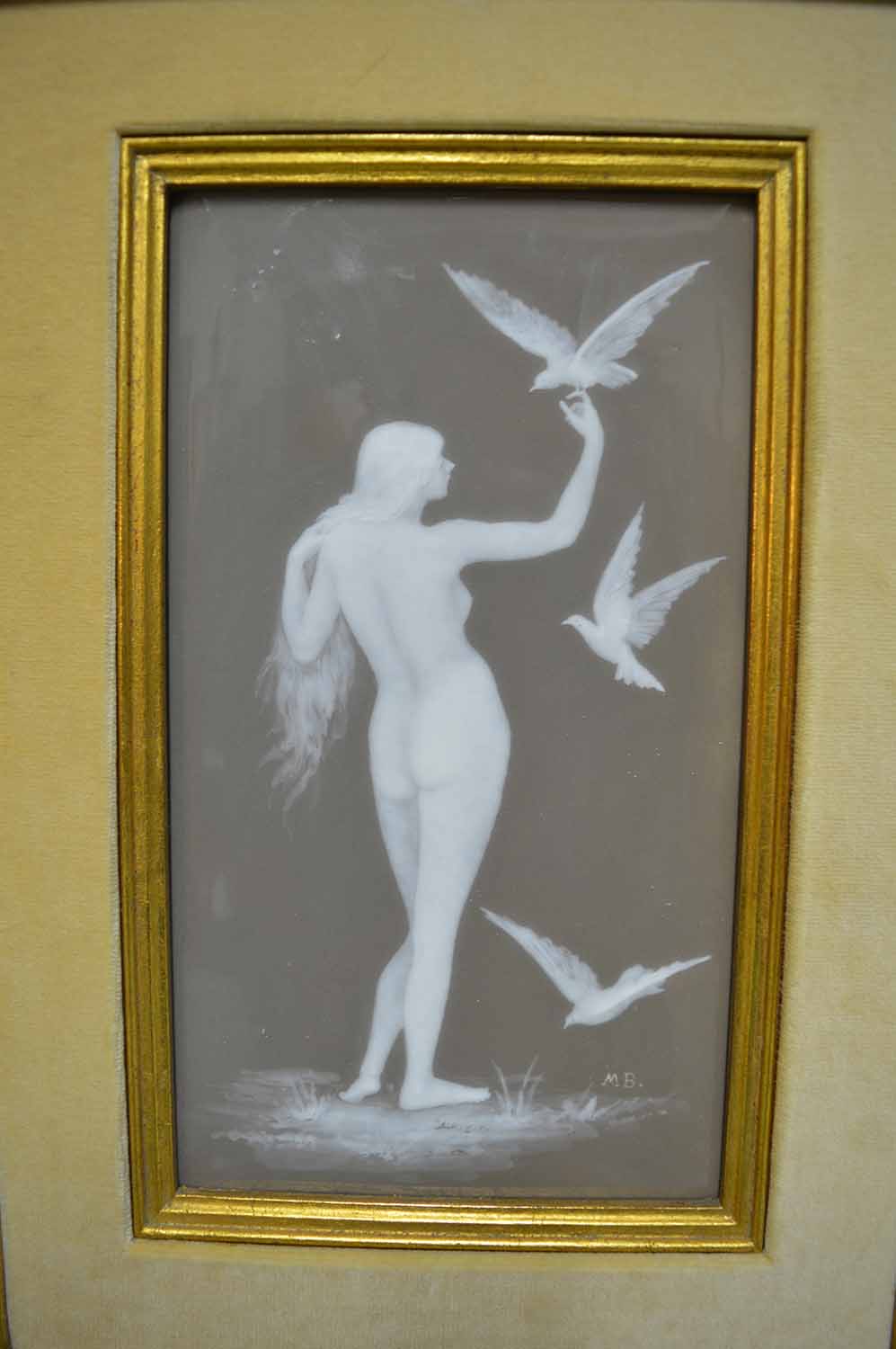 PATE SUR PATE PORCELAIN PLAQUE, depicting a naked lady and three doves, signed initials M B, - Image 2 of 2