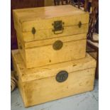 TRUNK, Chinese velum, hinged top with side handles, 42cm H x 84cm W x 63cm D; another smaller,