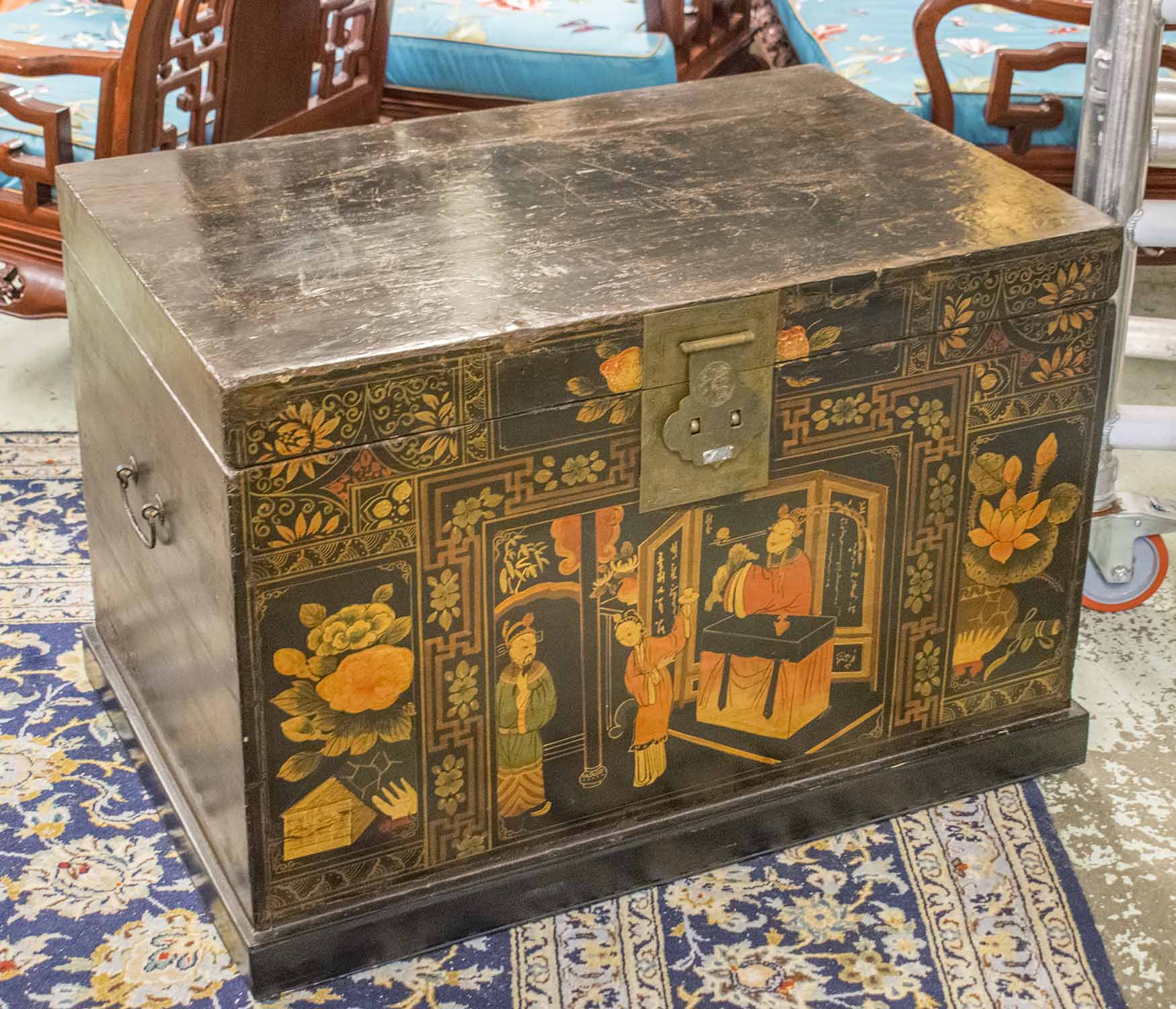 TRUNK, Chinese black lacquer with decoration of figures, hinged top and side handles,