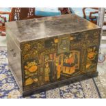 TRUNK, Chinese black lacquer with decoration of figures, hinged top and side handles,