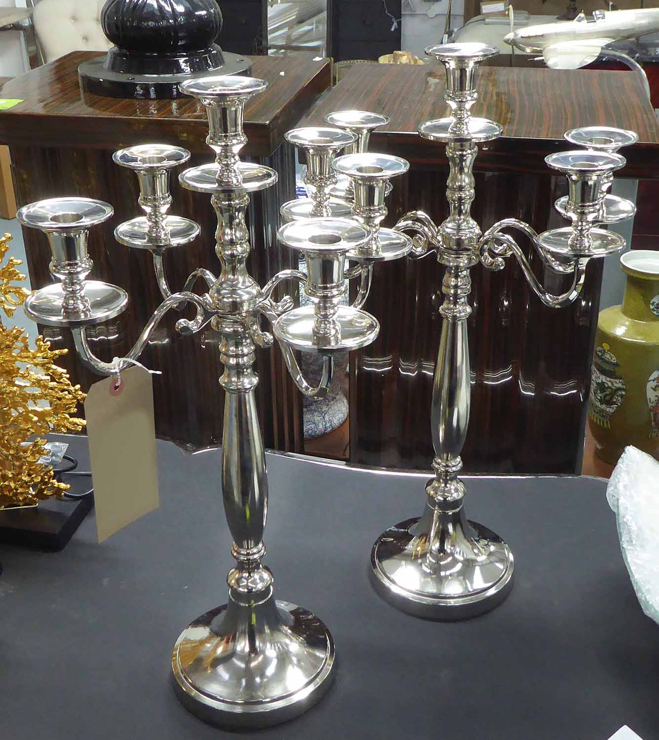 CANDLESTICKS, a pair, five branch plated finish, 54cm H.