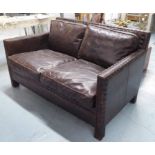 SOFA, two seater, dark brown leather with studded detail, 145cm x 90cm x 81cm H.