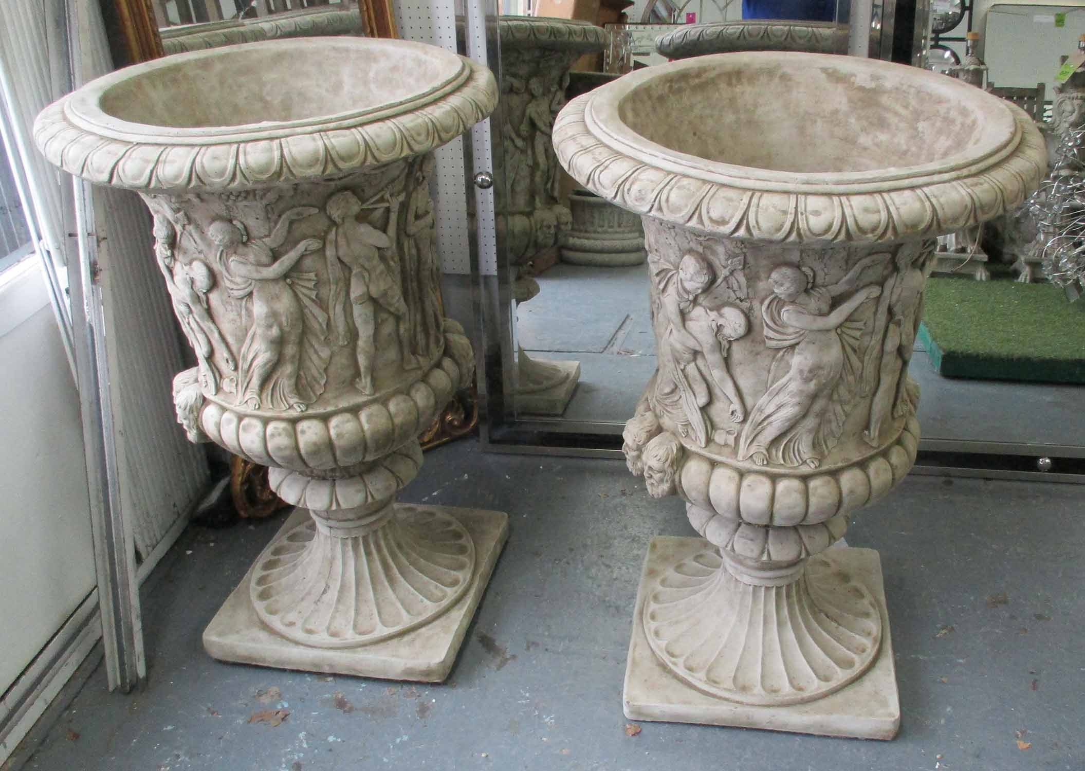 URNS, a pair, Zoffoli style in reconstituted stone, 91cm H.