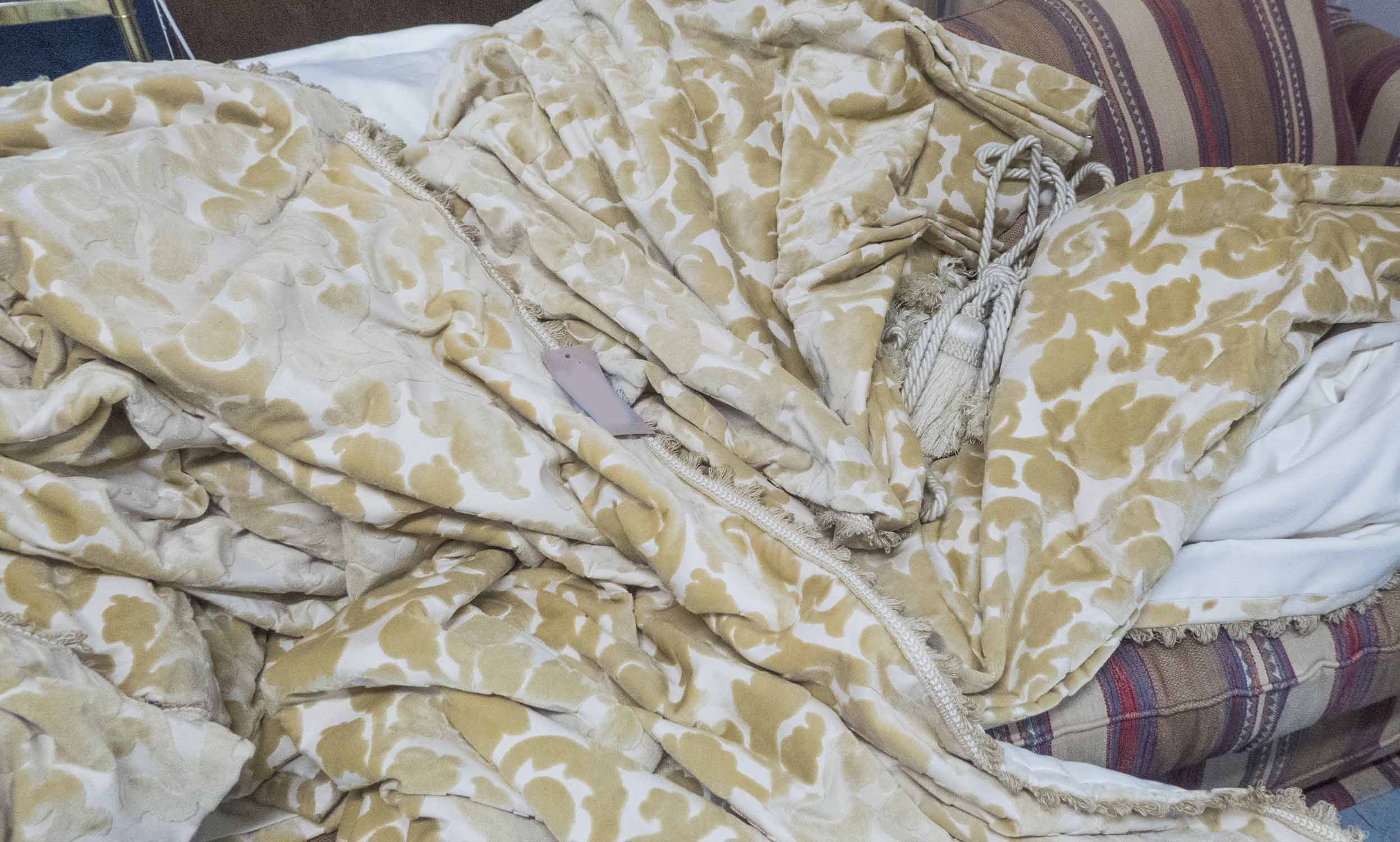 CURTAINS, two pairs, patterned cream chenille, lined and interlined,