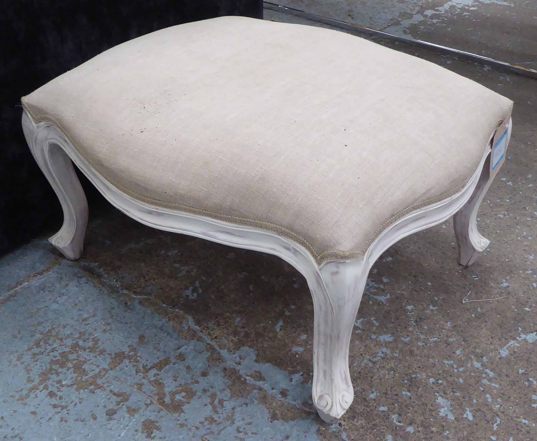 FOOTSTOOL, French style, in natural upholstery 78cm W x 66cm D x 45cm H.