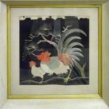 19TH CENTURY CHINOISE SILVER THREAD AND EMBROIDERY 'Birds', 70cm x 70cm each, framed and glazed.