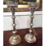 PRICKET CANDLESTICKS, a pair, ecclesiastical style, silvered metal, 48cm H.