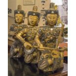 THAI MUSICIAN GROUP, a set of three vintage carved giltwood and mirror bejewelled muscians,