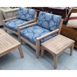 INDIAN OCEAN GARDEN CHAIRS, a pair, teak with blue patterned cushions, each 84cm W,