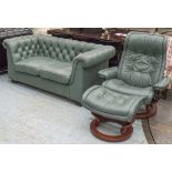CHESTERFIELD SOFA, grey/green leather upholstered, 167cm W, similar reclining armchair, 87cm W,